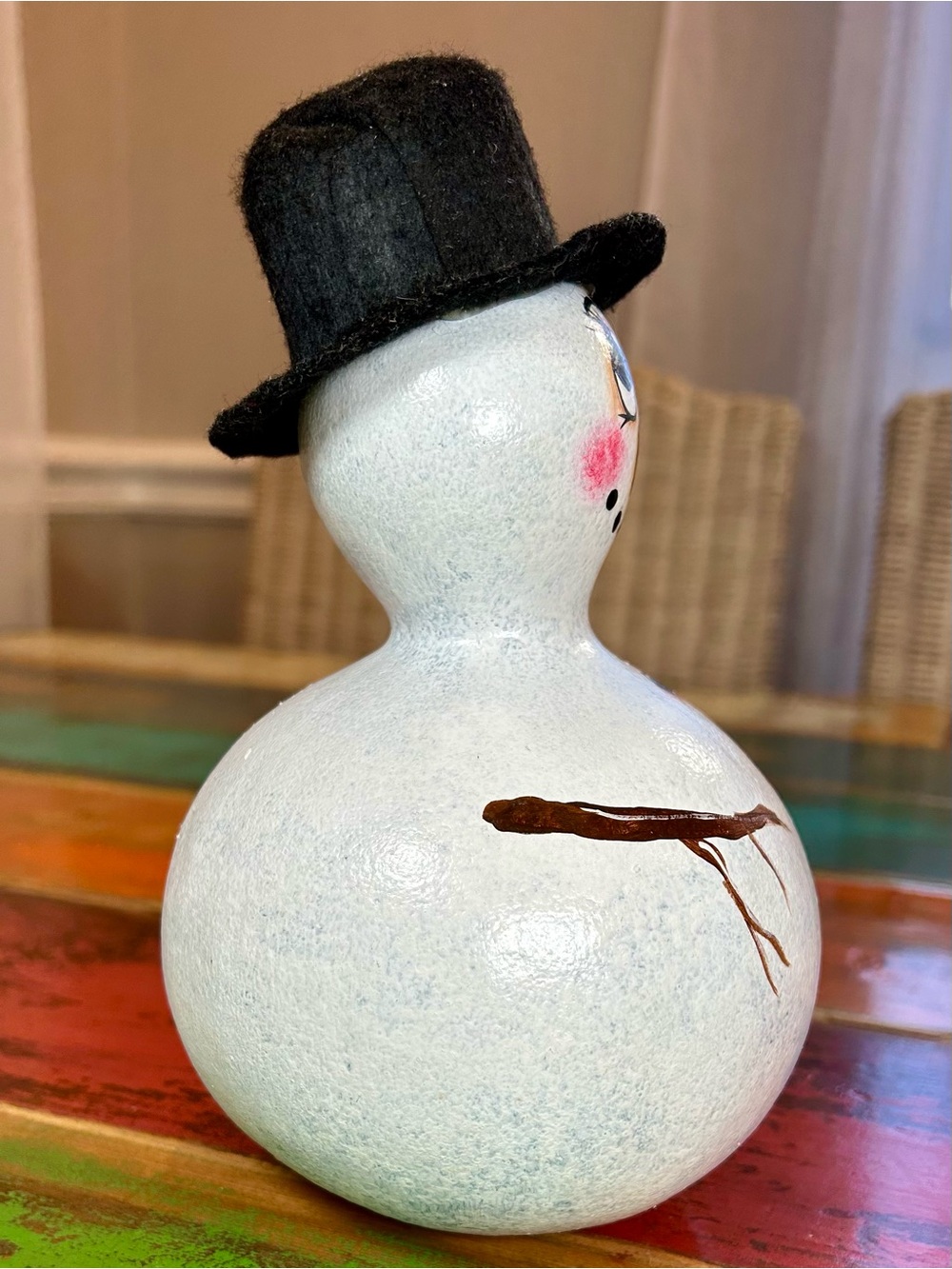 Vintage Hand Painted Gourd Snowman Winter Folk Art Decor Signed 2002 - Picture 3 of 13